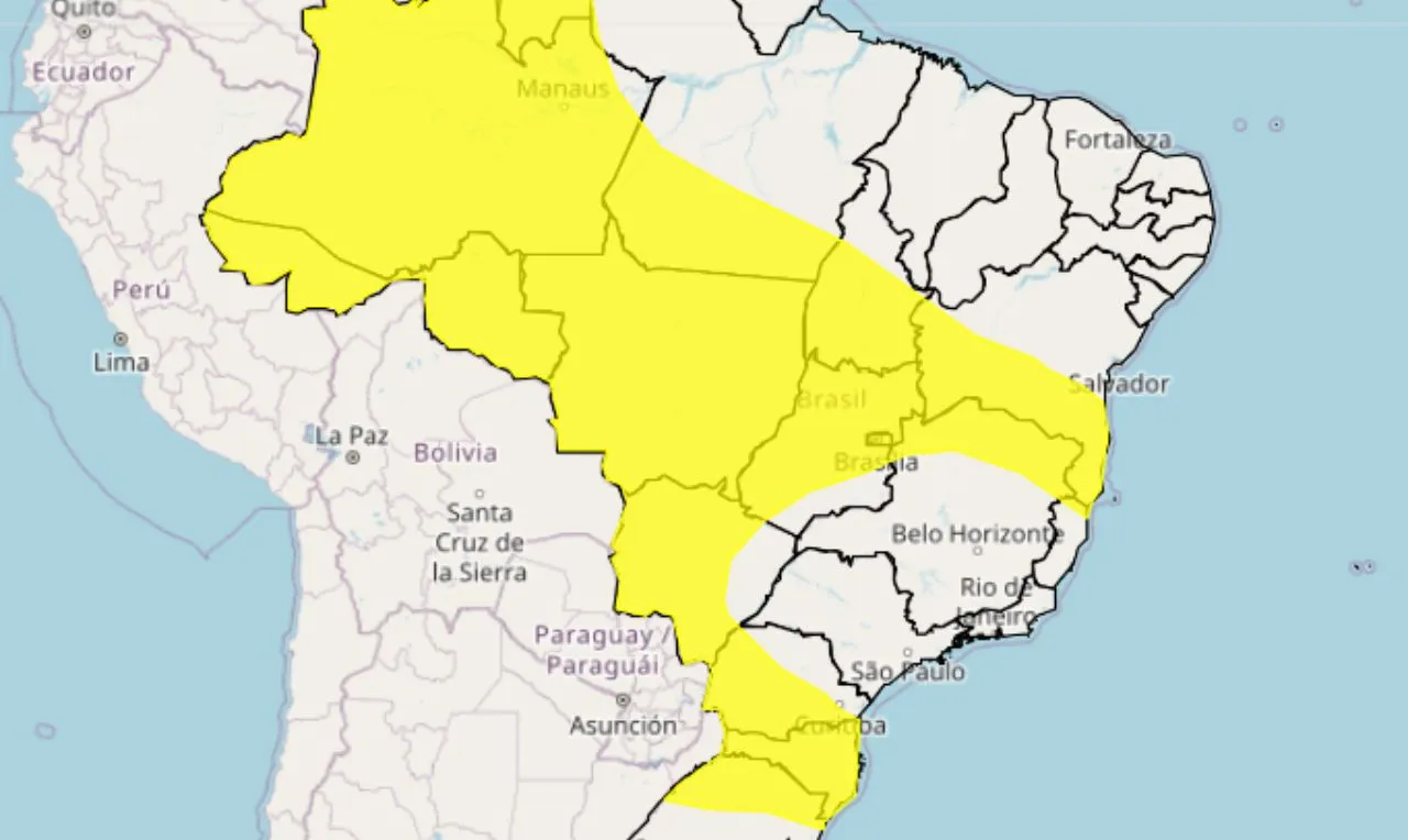 Trata-se de um alerta amarelo para chuvas intensas em grande parte do país